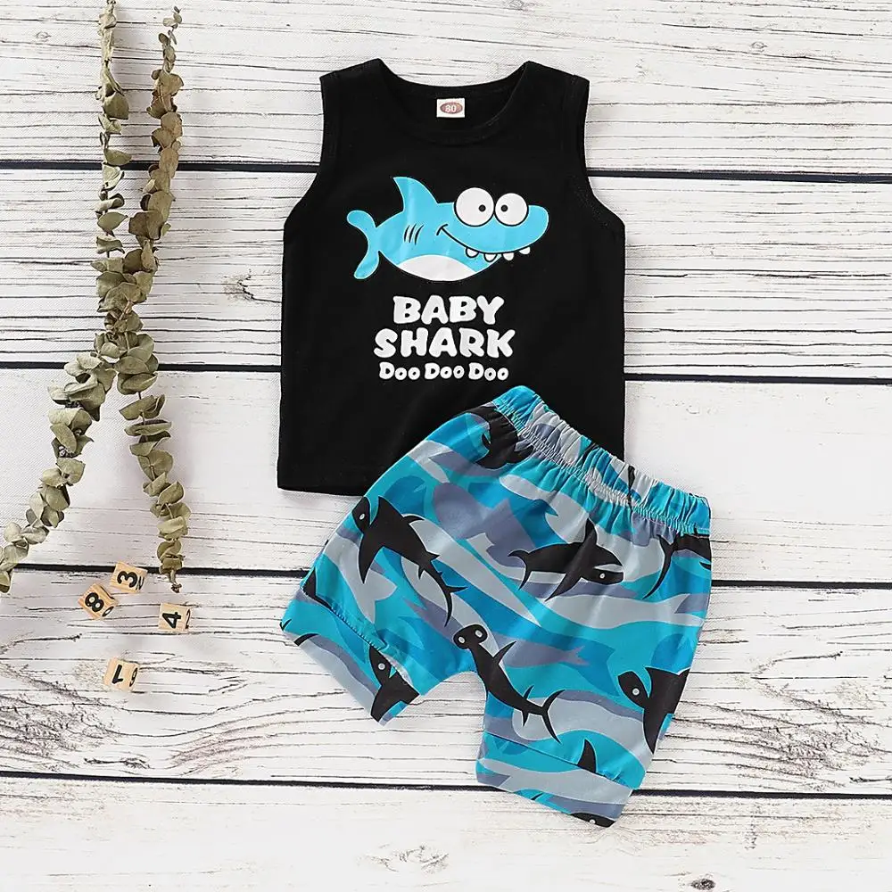 

Infant Baby Boy Clothes Kid Cartoon Shark Letter Printed Vest Tops+Shorts 2Pcs Toddler Boy Summer Outfits Clothing Set, As picture