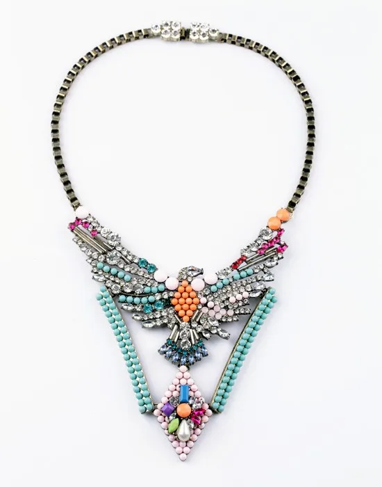 

xl00467 Tribal Jewelry Beaded Crystal Albanian Eagle Statement Necklace Gold