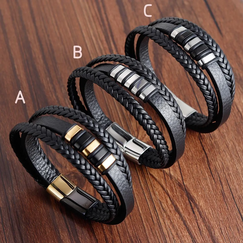 

New Arrival Men's Leather Hand Jewelry 3 Layers Real Leather Bracelet Magnetic Clasp Men Bracelet, Black