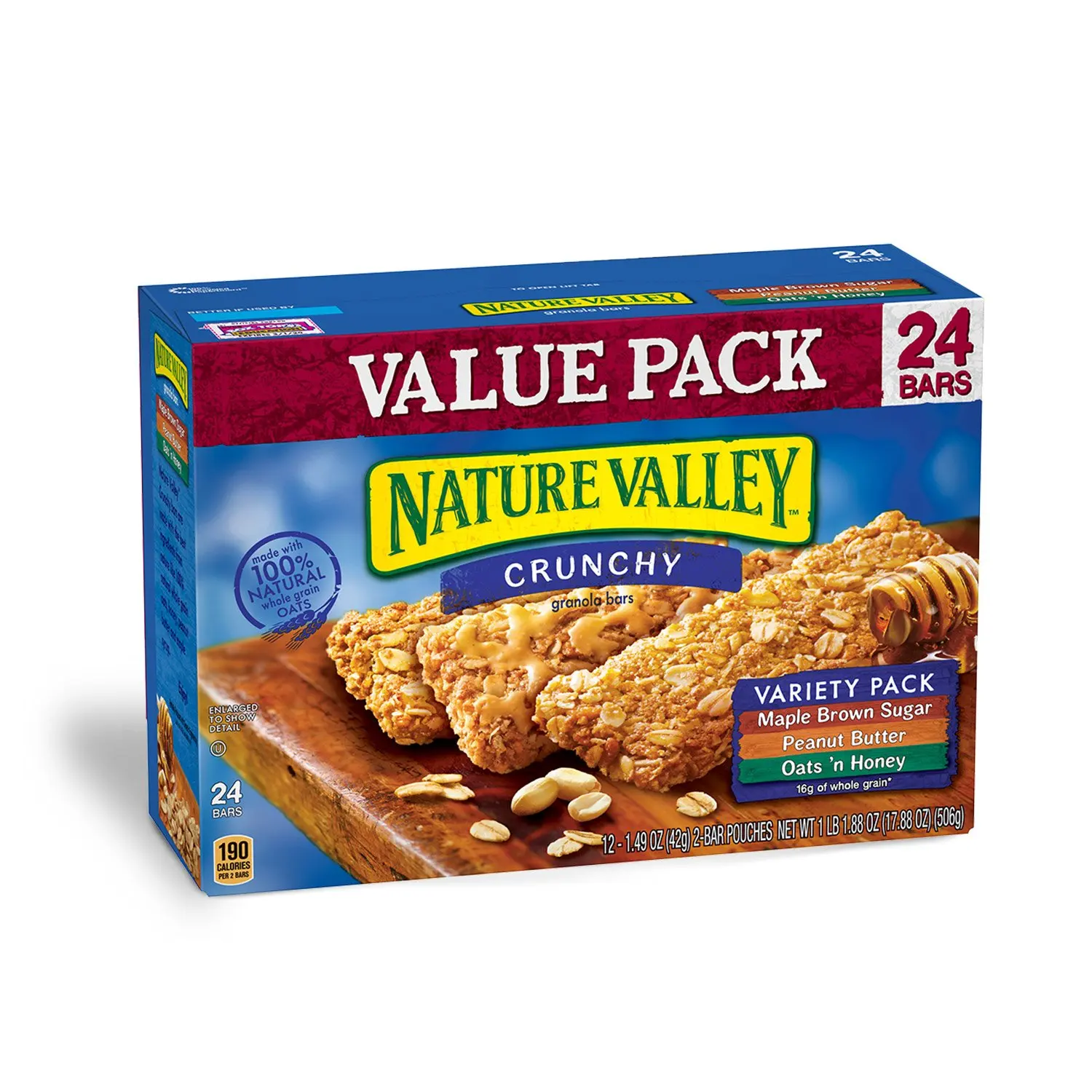 Nature Valley Granola Bars, Crunchy, Variety Pack of Oats 'n Honey, Peanut Butter, Maple Brown Sugar, 12 Pouches, 2-Bars Per Pouch (Total 24 Bars)