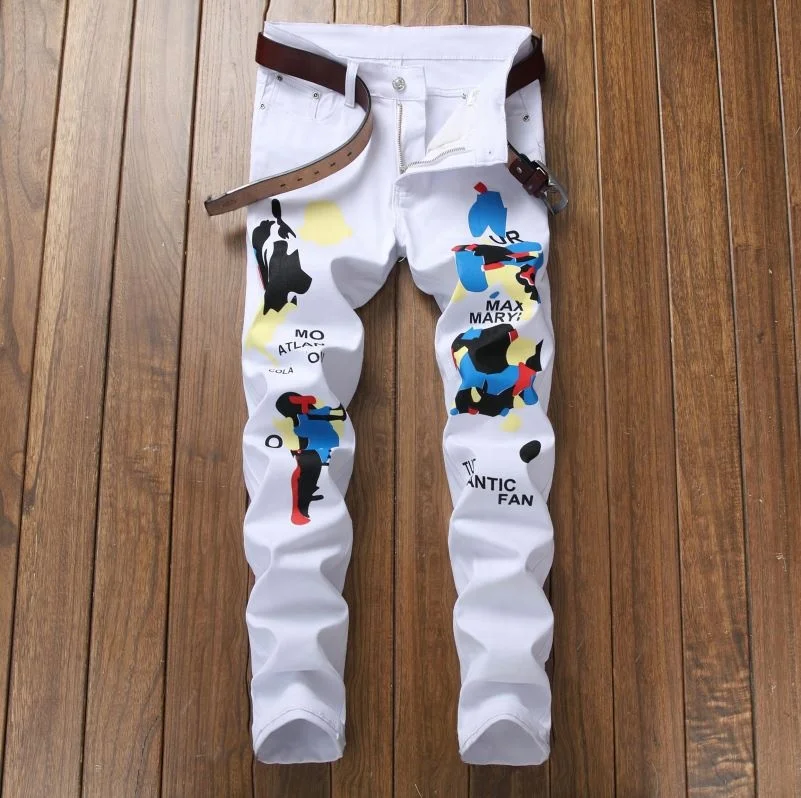 

R55603 Fashion Cotton Stretch Digital Print Pants With White Casual Men Long Trousers, White;black