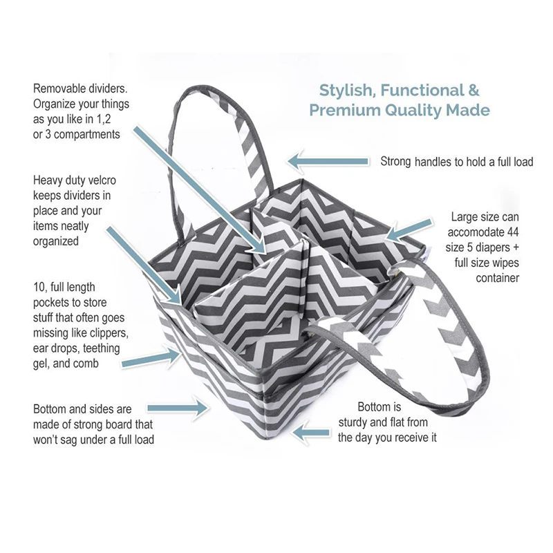 Baby Tooshy Diaper Caddy Organizer Suitable for Cloth or Disposable Diapering Keeps Everything Organized Large Sturdy Strong Portable Chevron Grey Removable Divider for Multipurpose use 