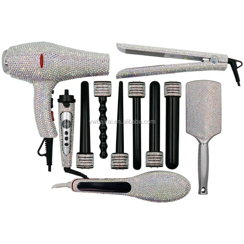 

6-in-1 curling bar multifunctional curler or dryer or flat iron or brush set of crystal flat iron set