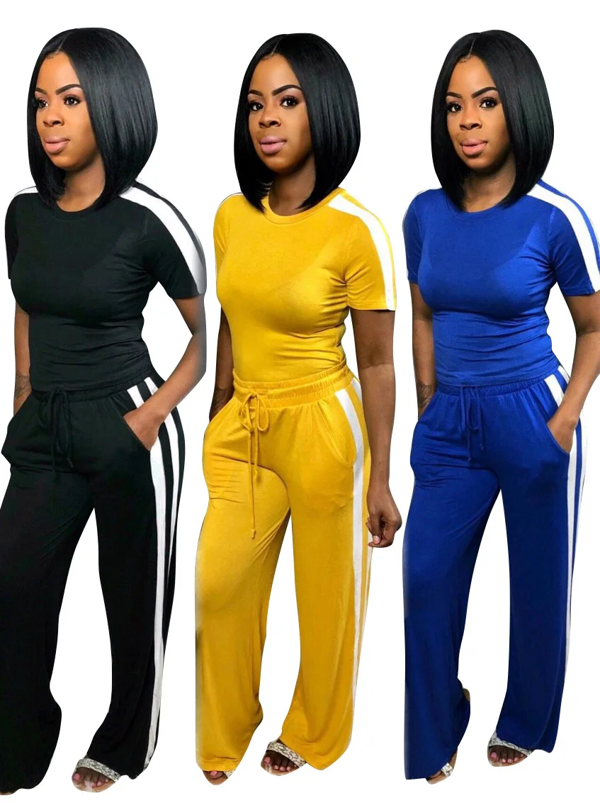 Short Sleeve stripe patchwork Colour two piece Set Casual Tops With trousers women two piece clothing Wide leg trousers