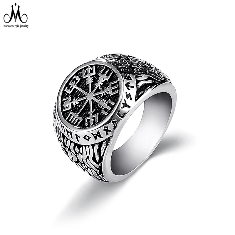 

Classic Nordic Vikings Ring Custom Engraved Signet Ring Stainless Steel Compass Rings For Men, Retro silver