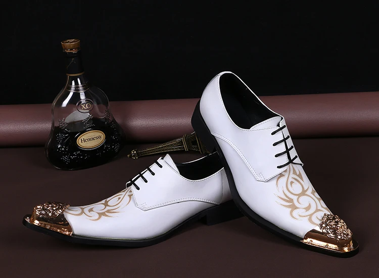 
NA045 Fashion Print Men Formal Shoes White Genuine Leather Metal Pointed Toe Dress Shoes Business Party Shoes Plus Size 