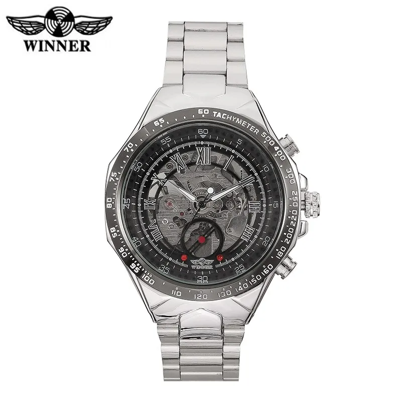 WINNER Silver watches men stainless steel top brand Luxury watch Montre Homme wristwatch skeleton mechanical watch 2017