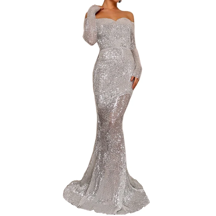 

Elegant Off The Shoulder Sequined Sexy Party Women Long Evening Dress, As picture or be customized