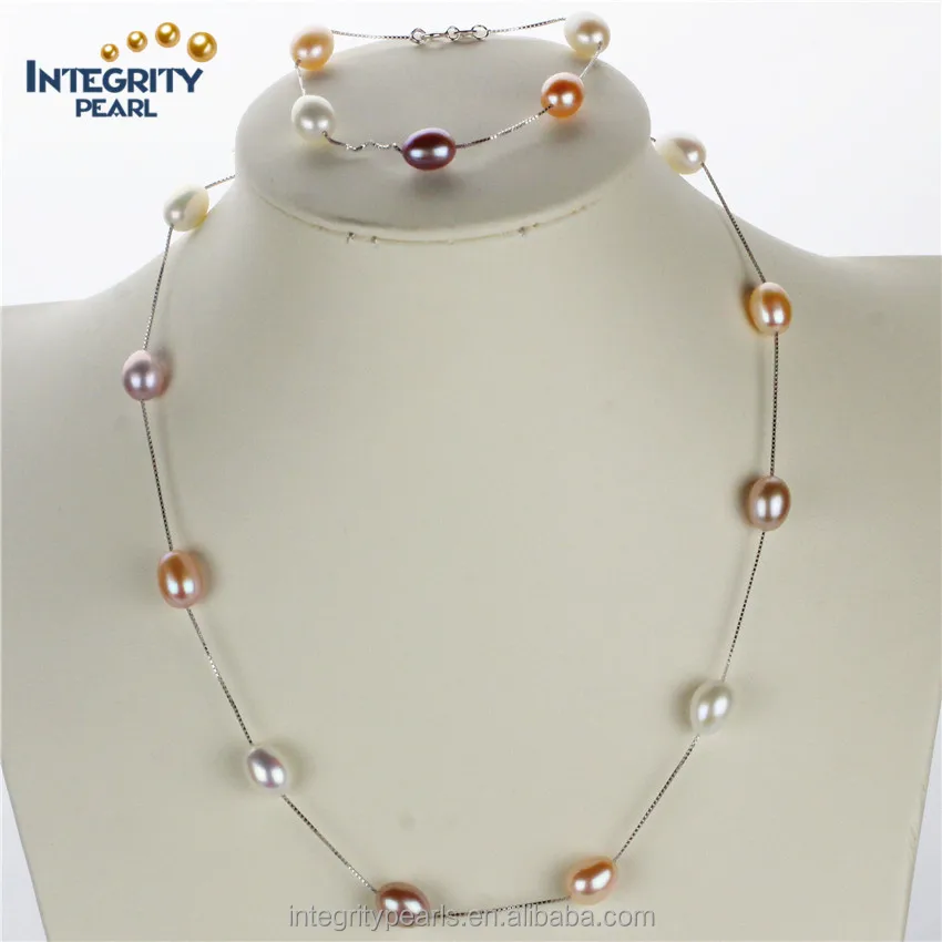 

Natural freshwater pearl set 8mm AAA drop mixed color silver pearl sets