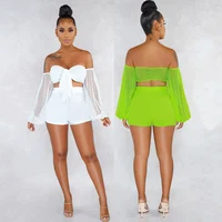 

Women Sexy Off Shoulder Fishnet Two Piece Set Neon Green Night Club Dresses Two Piece Outfit