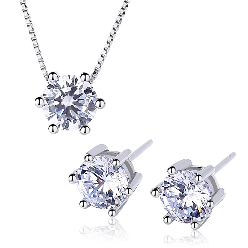 

China Factory Wholesale Simple Sterling Silver Solitaire Zircon Pendant Necklace Stud Earrings Set For Women