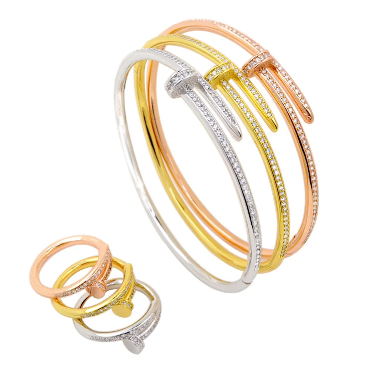 BG0451 Classic Nail Shape Cubic Zircon Stone Single Line Micro Inlay Open Bangle And Ring Set