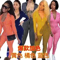 

Guangzhou plus size striped one piece sexy deep v neck jumpsuit for fat women