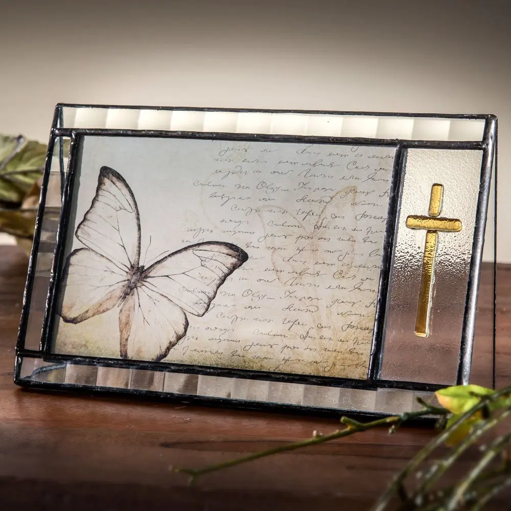 J Devlin Pic 367-46H Cross Picture Frame Stained Glass Tableop 4 x 6 Horizontal Photo Frame Gift for Baptism Christening Christian Religious Bereavement Memorial Gift