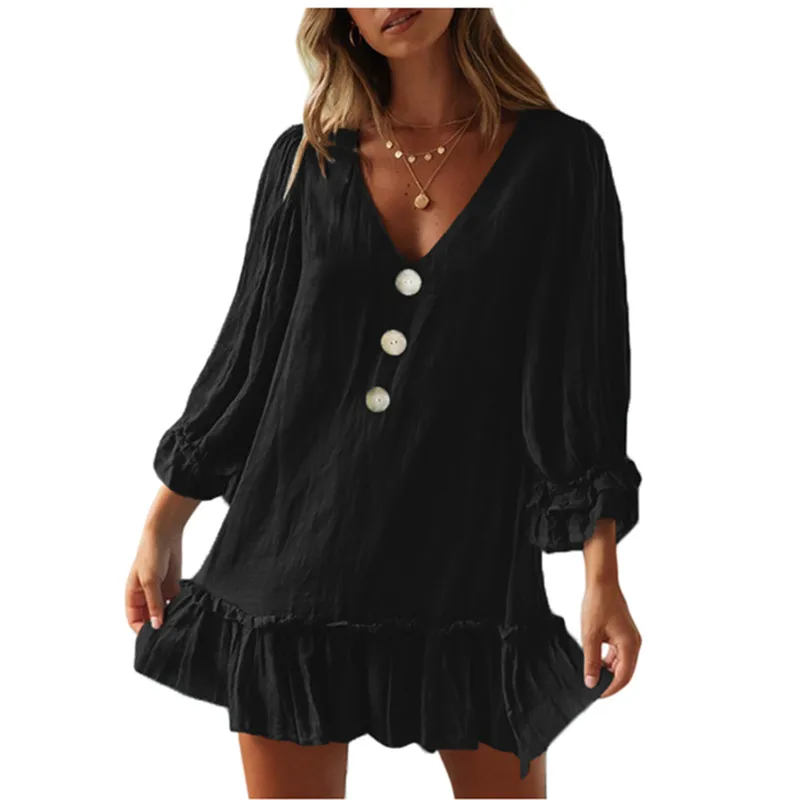 

Women Casual Loose V Neck Short Swing Long Sleeve Dress