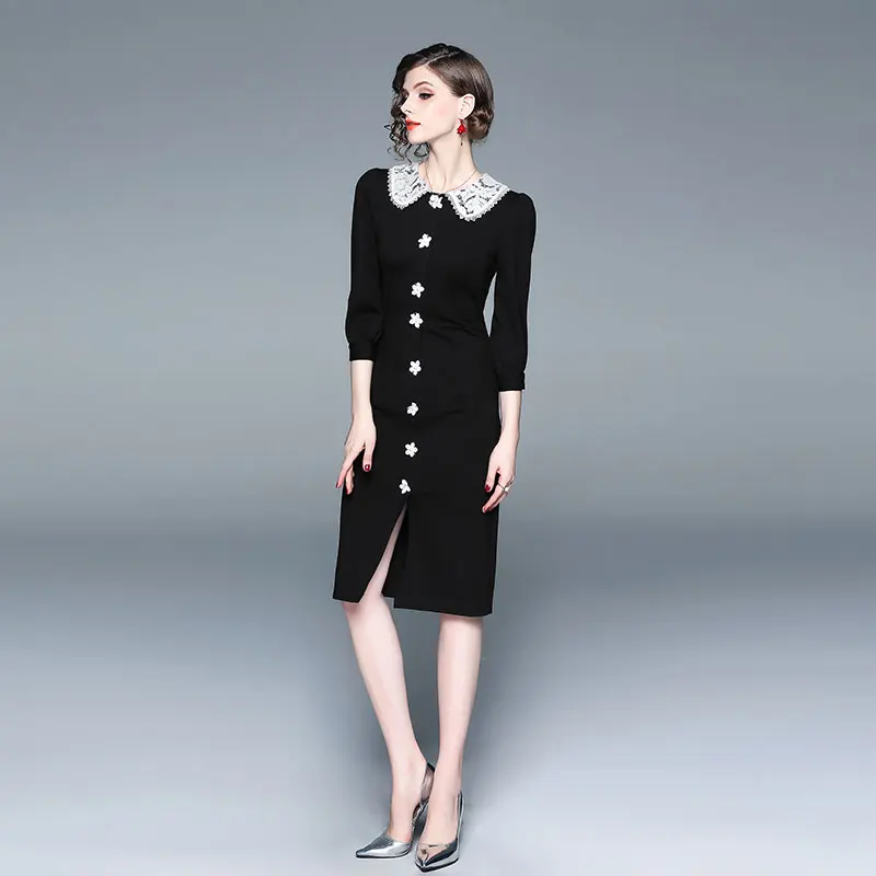
Wholesale Women Spring New Fashion Three Quarter Sleeve Peter Pan Collar Pearls Beaded Lace Decoration Long Black Pencil Dress 