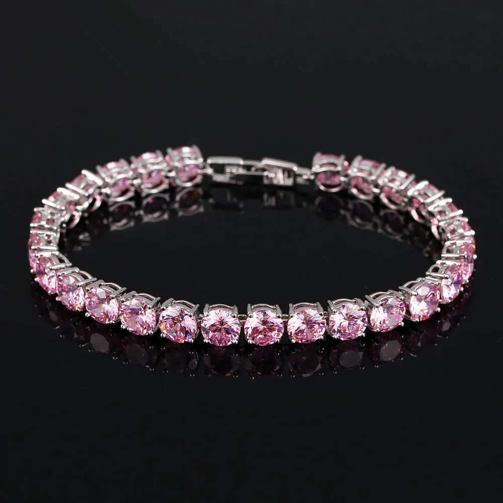 

Women White Gold Filled Pink Cubic Zirconia Rhinestone Crystal Tennis Chain Bracelet, Picture