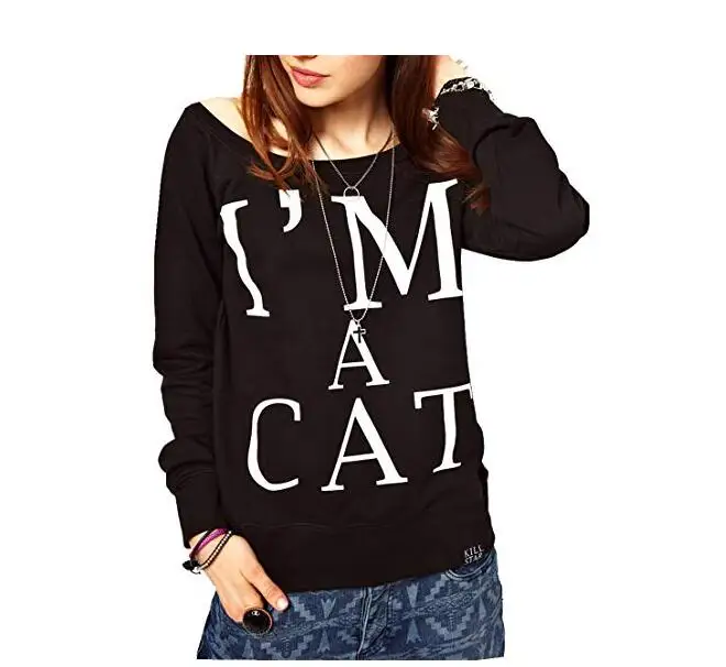 

WIIPU Women Outwear Printed I am Cat Black Wide Sweaters(J138), White, grey