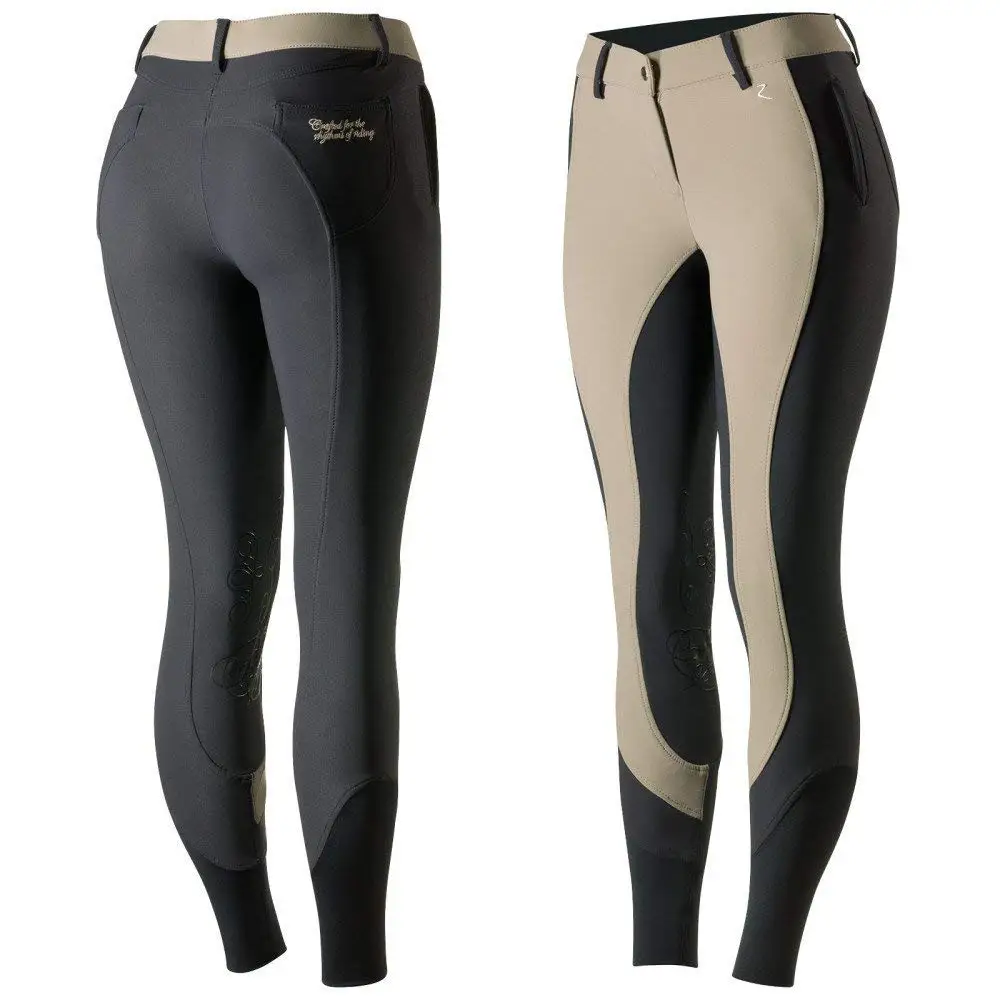 Horze Crescendo Kiana Women's Knee Patch Breeches, Driftwood Light Grey/Peacoat Dark Blue, 22