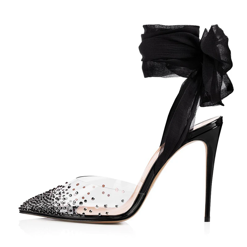 

Pointed Toe Wedding Party Shoes Chiffon Ankle Wrapped Rhinestones Slingbacks Transparent PVC High Heel Pumps Crystal Clear Heels, Black, red, white
