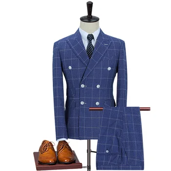 3 Pieces Blue Checked Coat Pant Men Suit Double Breasted Business ...