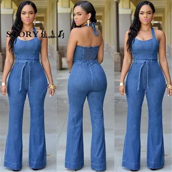 strappy denim jumpsuit