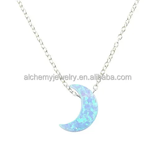 

New Arrival crescent moons shape synthetic blue opal stone pendant, White/blue/pink