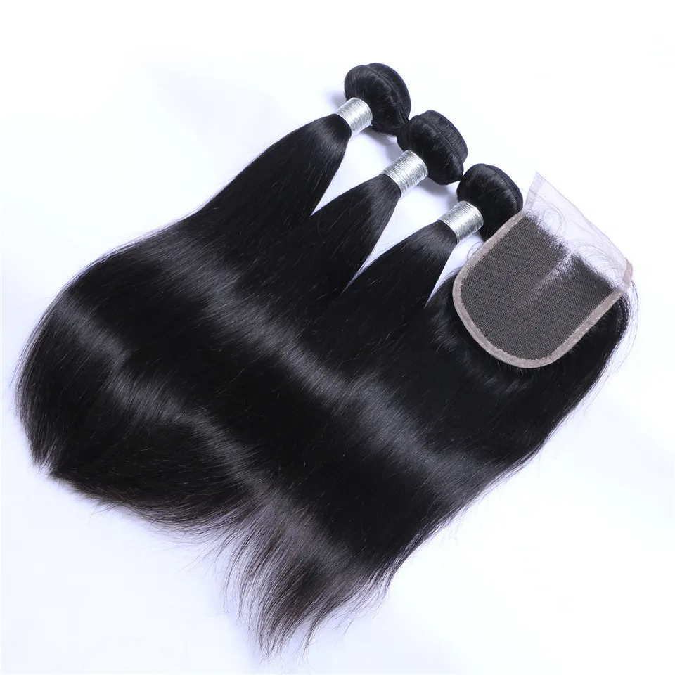 

Cuticle Aligned Brazilian Human Hair 1b Black Straight Bundles With a Closure