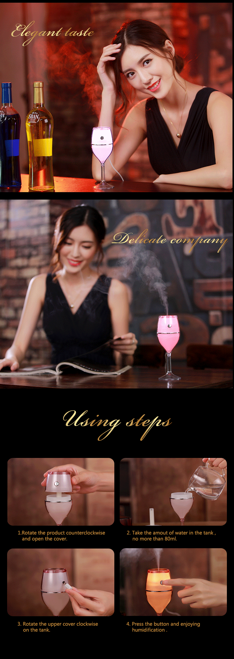 2017 hot selling romatic red wine glass ultrasonic usb aroma air humidifier with 7 color led lights