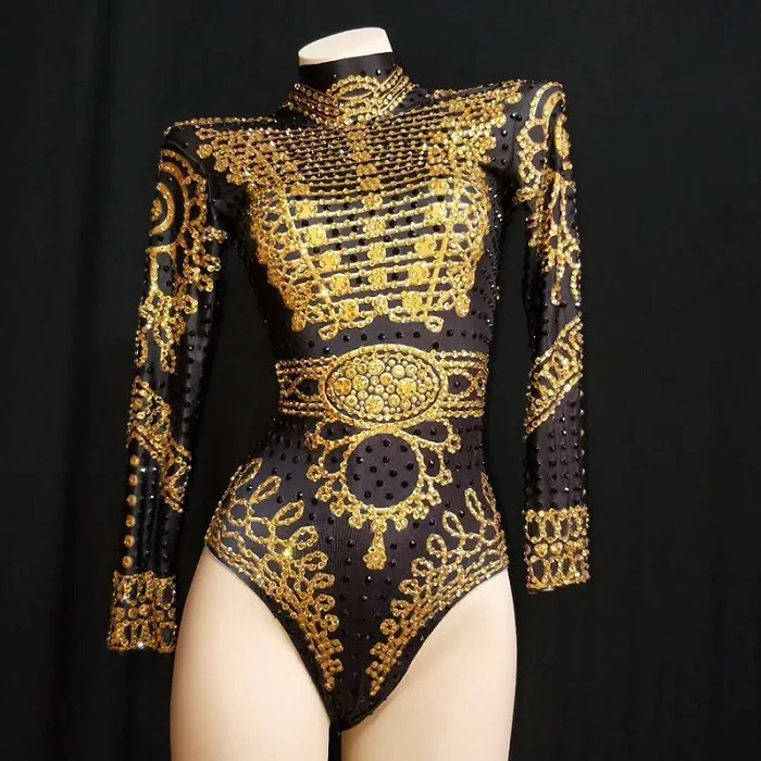 

Glisten Black Gold Crystals Bodysuit Women Long Sleeves Outfit Dance Stage Show Nightclub Costume Singer nice Leotard Wear DJ335