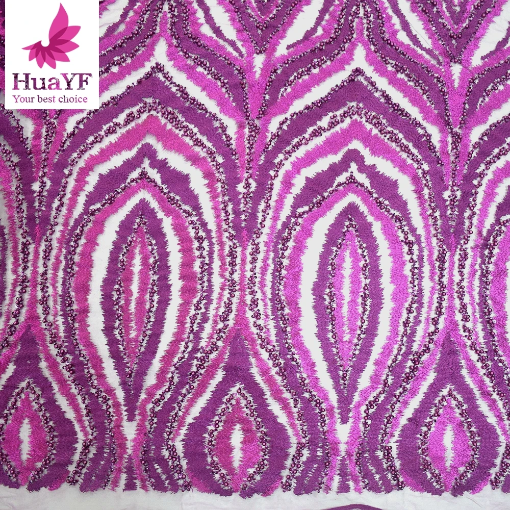 

2019 New design african fuchsia pink 3d beaded lace with pearls and sequins unique embroidery tulle lace dress fabric HY1005-3