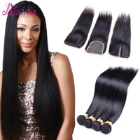 

Peruvian Virgin Hair Straight Jet Black with Closure 8A Peruvian Straight Hair 4 Bundles with Lace Closure Bleached Knots