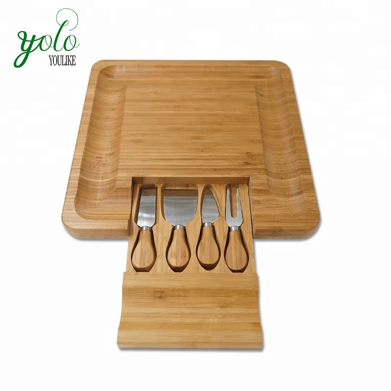 

Bamboo Wood Cheese Cutting Board with Cutlery Set with 4 Knives Tools with Slide-out Utensils Drawer, Natural