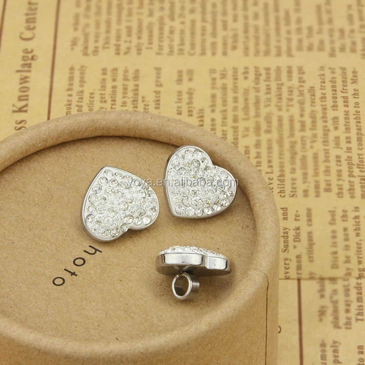 

S606 crystal pave stainless steel jewelry findings CZ heart shape button for leather bracelet
