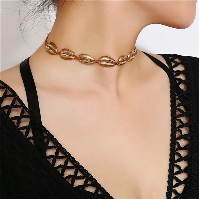 

2019 New sea shell necklace jewelry leather metal ring choker necklace, Silver/gold color