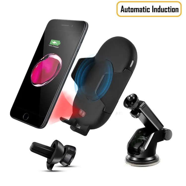 

2 in 1 Fully Automatic Infrared Sensor 10W Air Vent Mount Phone Stand Holder Fast Wireless Car Charger for iPhone X/XS/8 Plus, Black