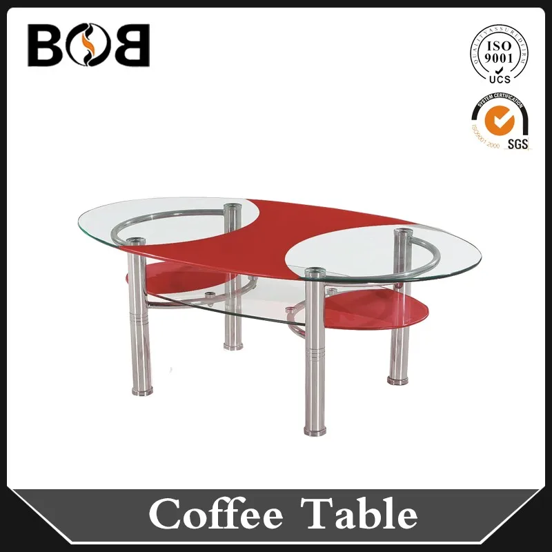 2019  Chinese modern and hot sale chromed metal legs red top 2 layers glass coffee table dining table set italian