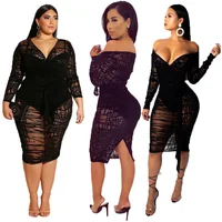 

Sexy plus size mesh lace see through midi dress v neck long sleeve tight women clothing