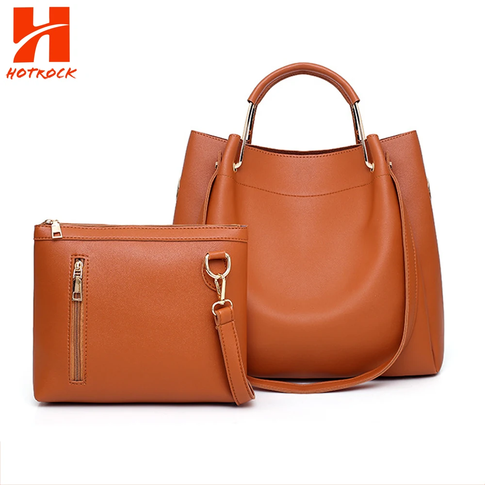 

New Style 2 Pcs Caramel Pu Leather Women Handbags Set with Metal Handle, Customized