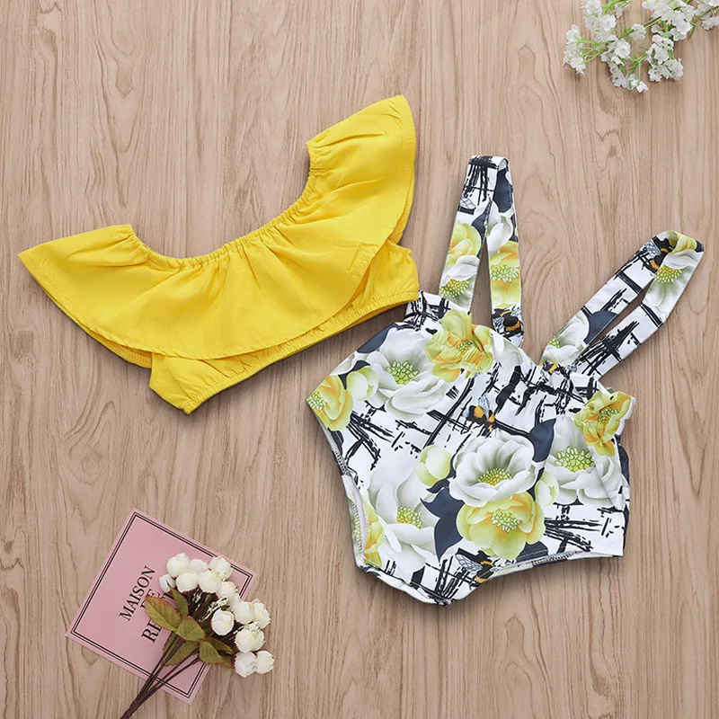 

2019 toddler kids summer clothing set baby girl boat neck top with floral print suspender shorts 2pcs suits, As picture