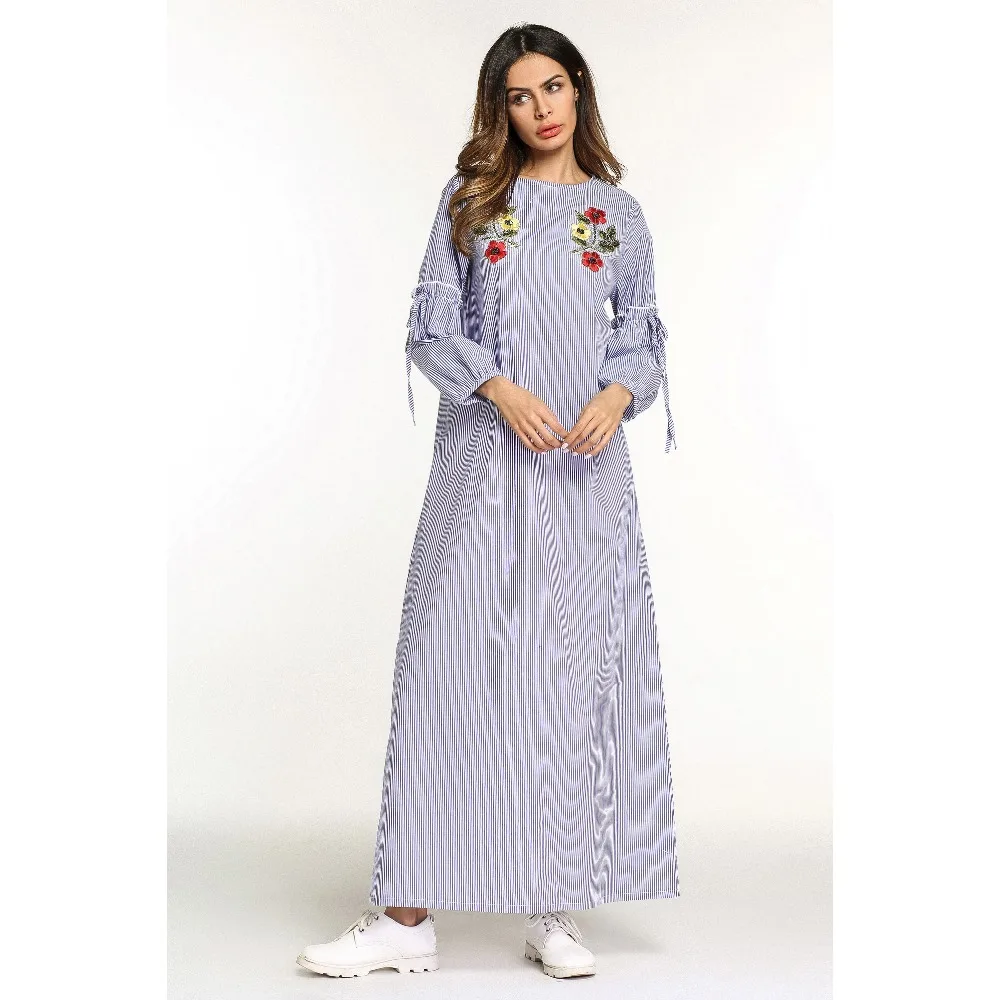 

Muslim long-sleeved hot flower striped dress, Gray