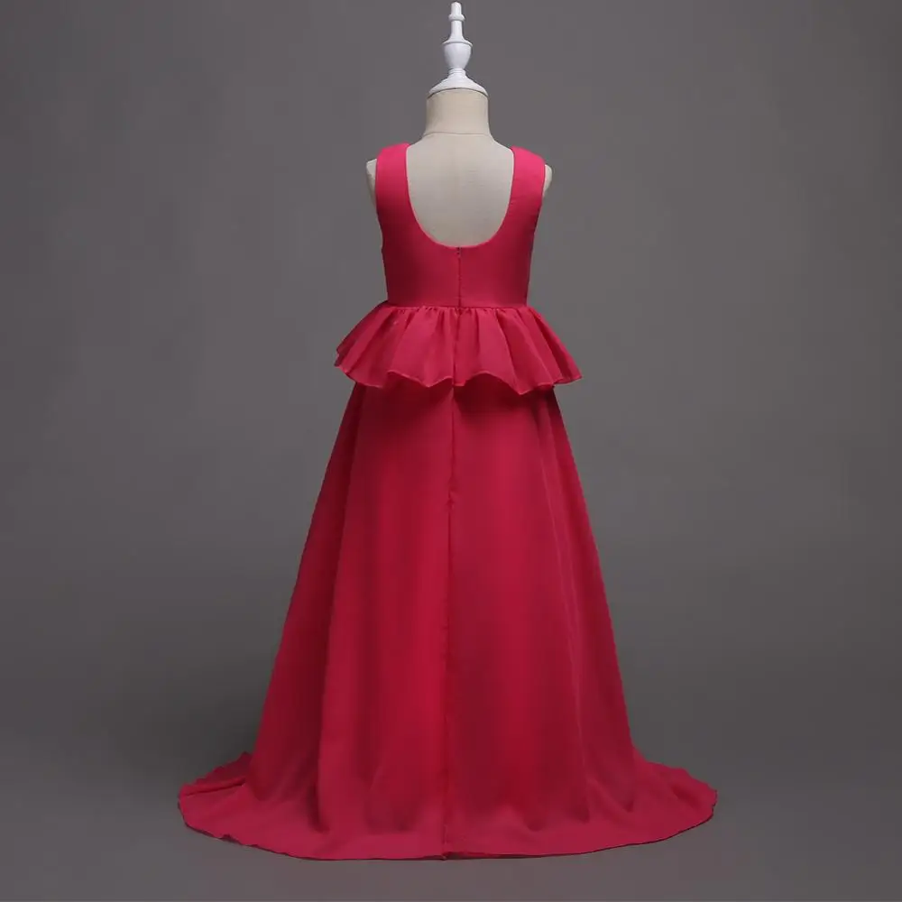 

Korean style Girl Chiffon long Dress Elegant Princess evening Layered dress Flower girl Bridesmaid red Wedding gown, N/a