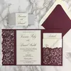 Burgundy Tri Fold Laser Cut Pocket Wedding Cards with Lined Envelope