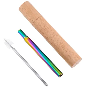Image of T1 Telescopic Stainless Steel Drinking Straws With Cleaning Brush With Bamboo Case