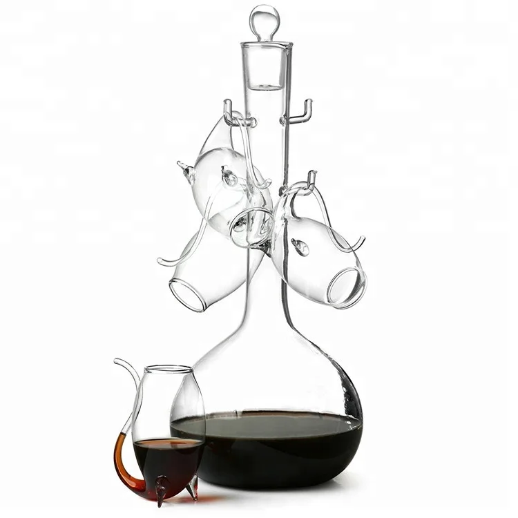 

BLJOE07 Unique Design Glass Wine Decanter Set with Glasses, Transparent