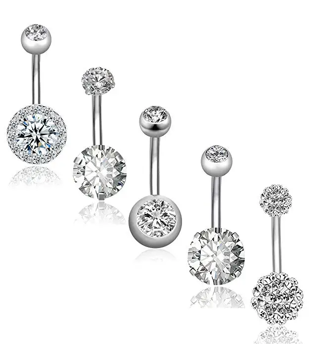 

5Pcs/Set 14G Stainless Steel Sexy Belly Button Rings For Women Girl Navel Rings High Brightness Zircon Body Piercing Jewelry, Steel,rose gold