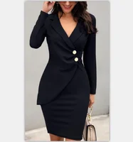 

women dresses notch point -colllar dresses straight hem Ruched Button Blazer hidden back zipper closure dress Wrap Office