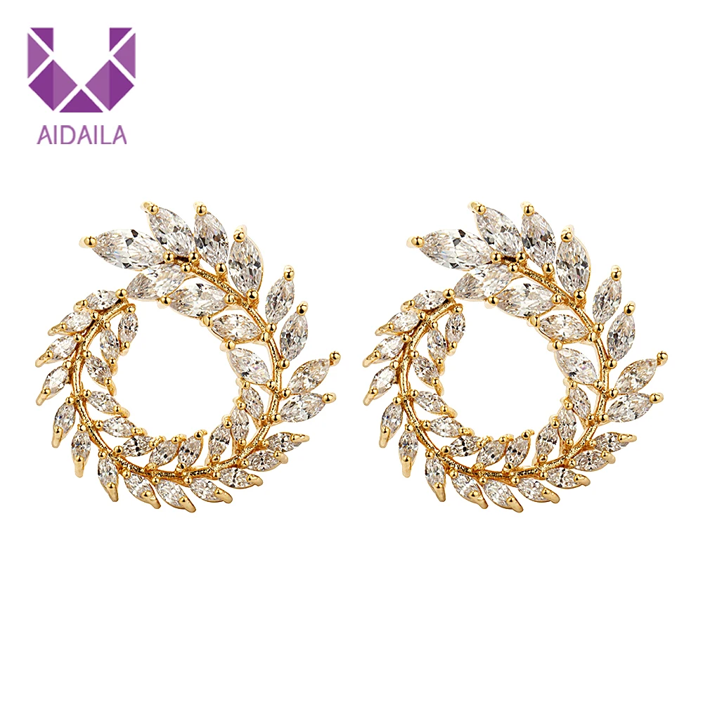 

AIDAILA Luxury Wedding Zircon Jewelry Earrings Best Designs Series Diamond Cubic Zirconia Olive Leaf Stud Bridal Earrings, Picture shows