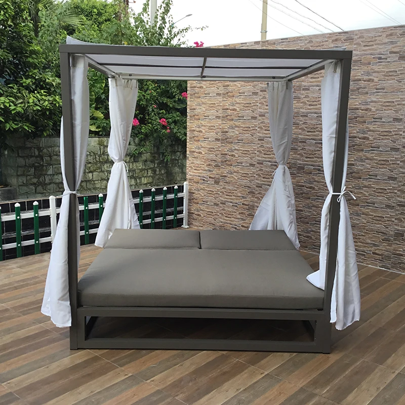 Outdoor Leisure Beach Aluminum Daybed Double Sun Lounger With Canopy