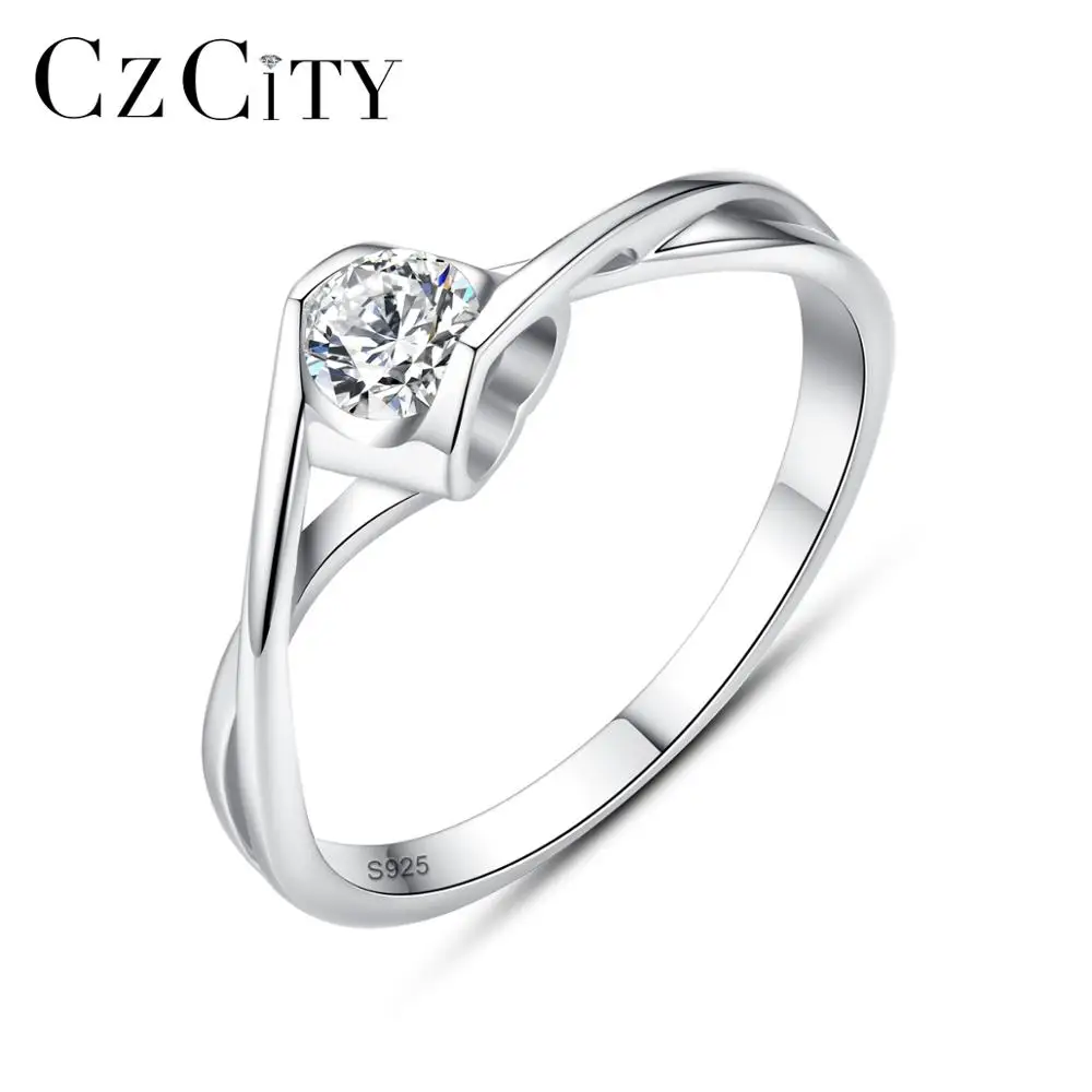 CZCITY Glittering Zircon 925 Sterling Silver Wedding Rings Fine Jewelry Simple Design Finger Ring